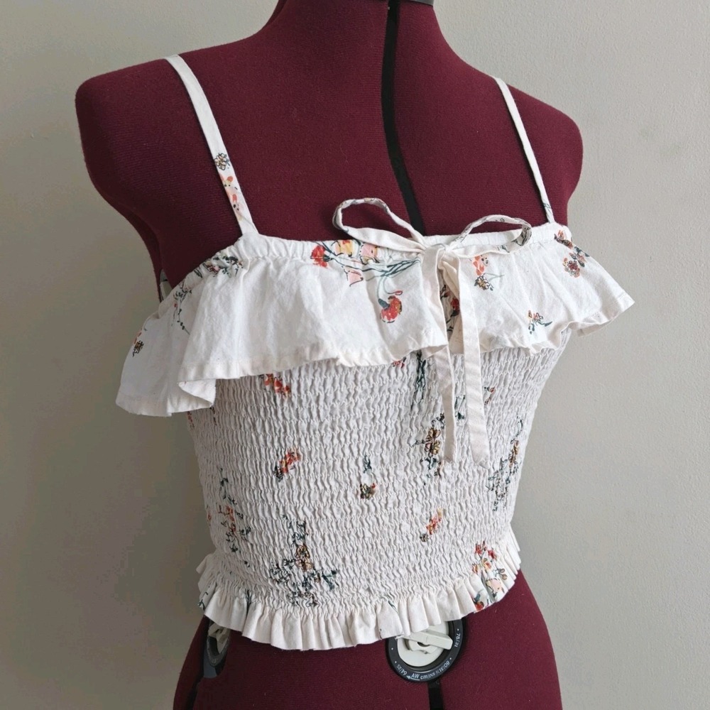 Fashion Nova Sz S Cotton Floral Ruched Beige Spaghetti Strap Crop Top Ruffle Bow